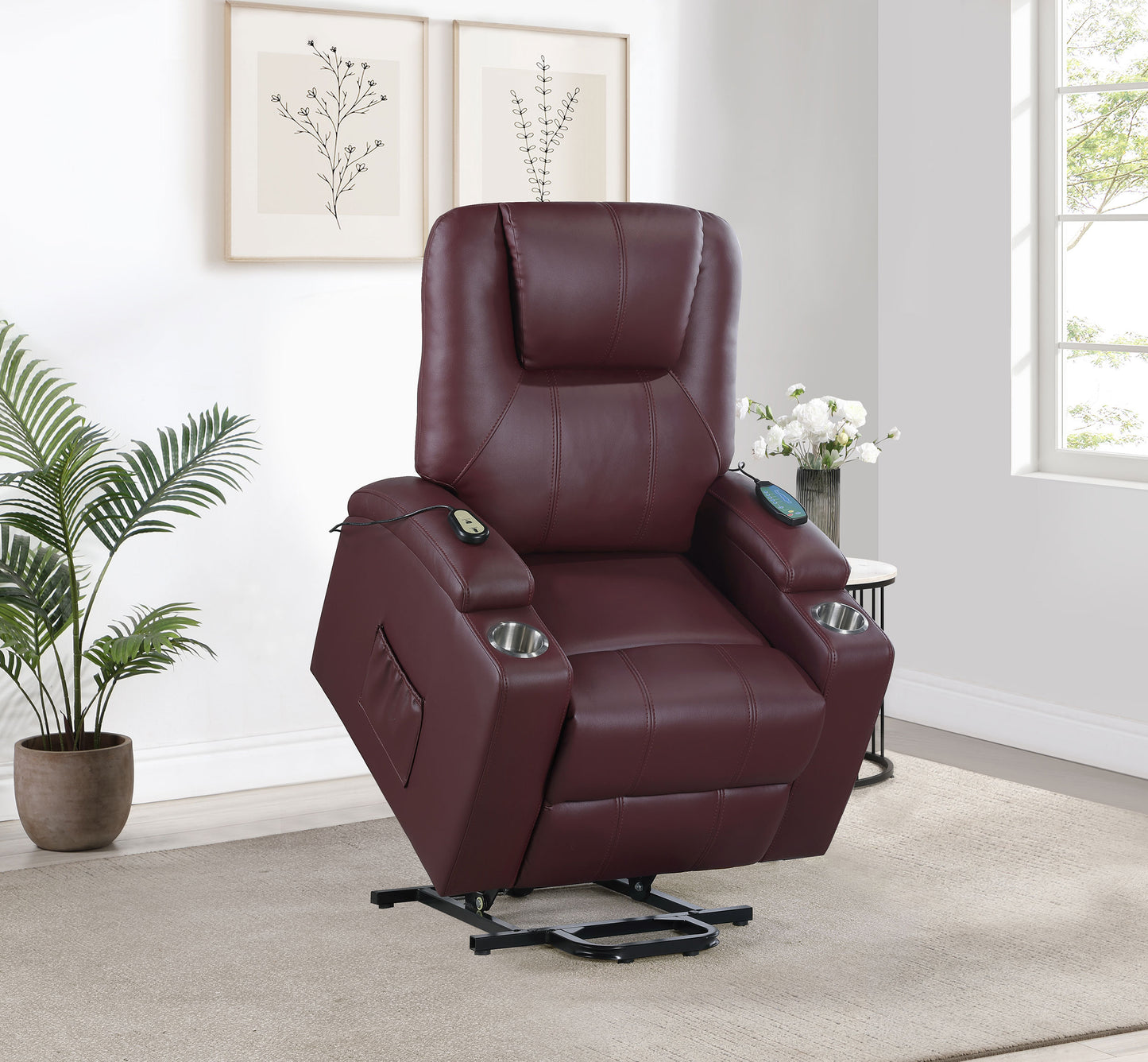 Armstrong Upholstered Power Lift Massage Recliner Wine Red