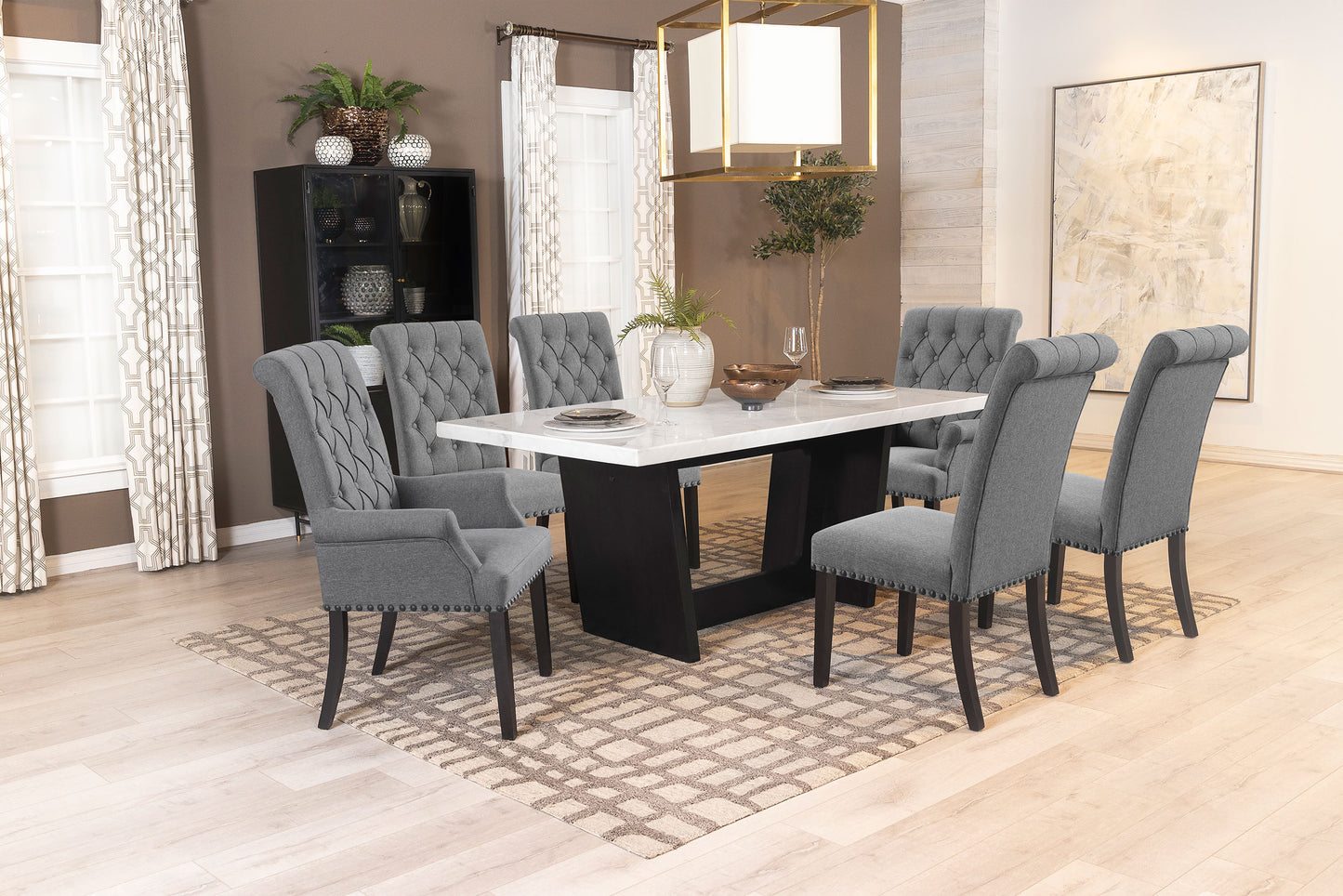 Sherry 7-piece Rectangular Marble Top Dining Table Set Grey