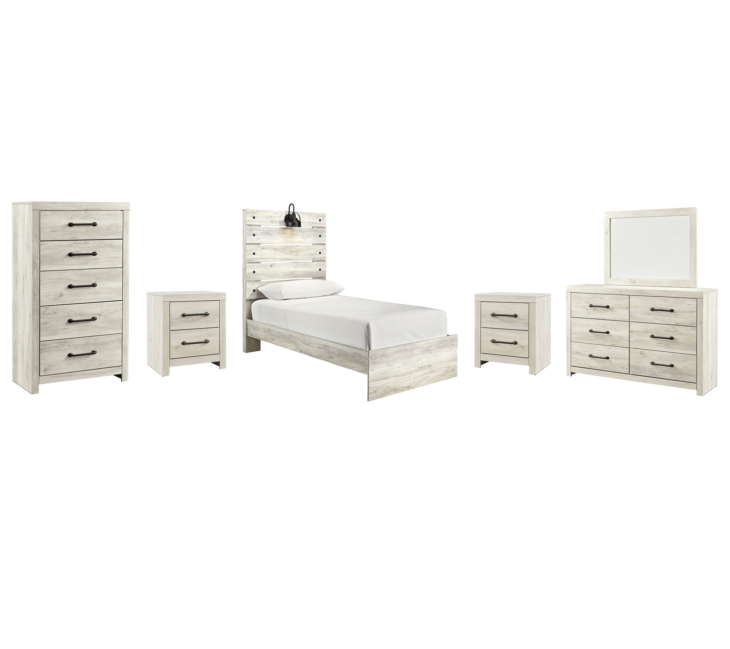 Cambeck Twin Panel Bed with Mirrored Dresser, Chest and 2 Nightstands