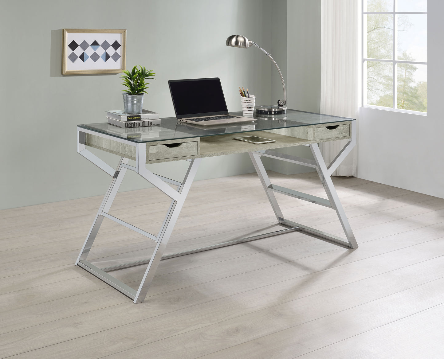 Emelle 56-inch Glass Top Writing Desk Grey Driftwood